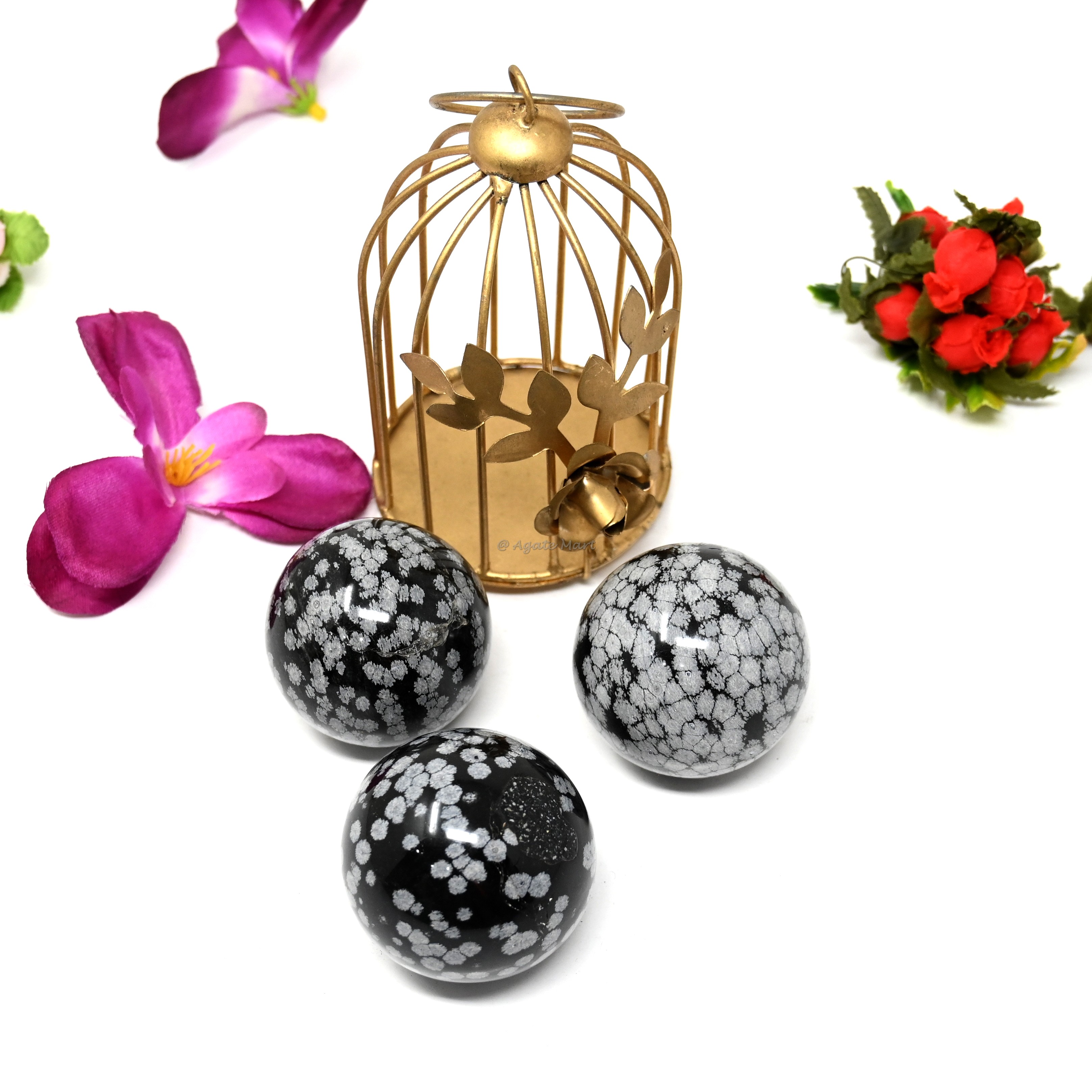 Snowflake Obsidian Crystals Sphere With Brass Stand