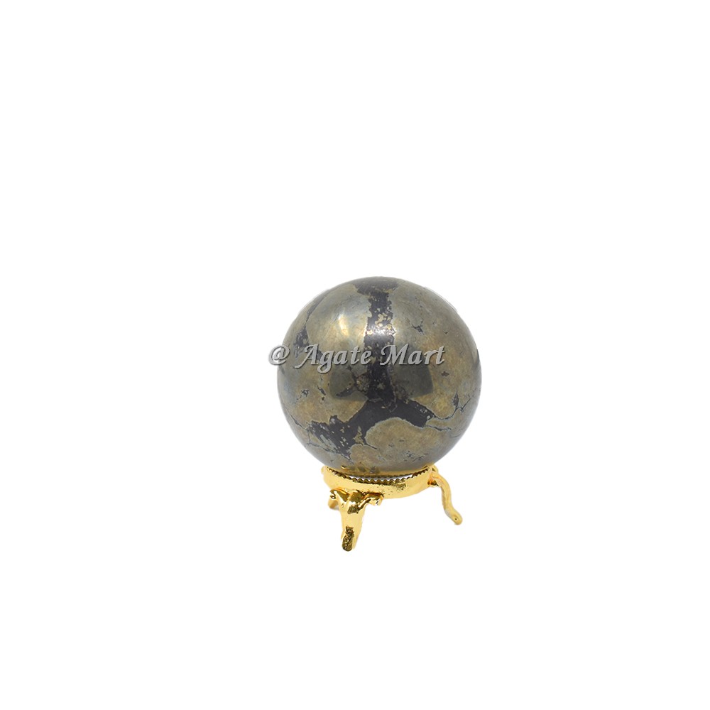 Pyrite Stone Crystals Sphere With Brass Stand