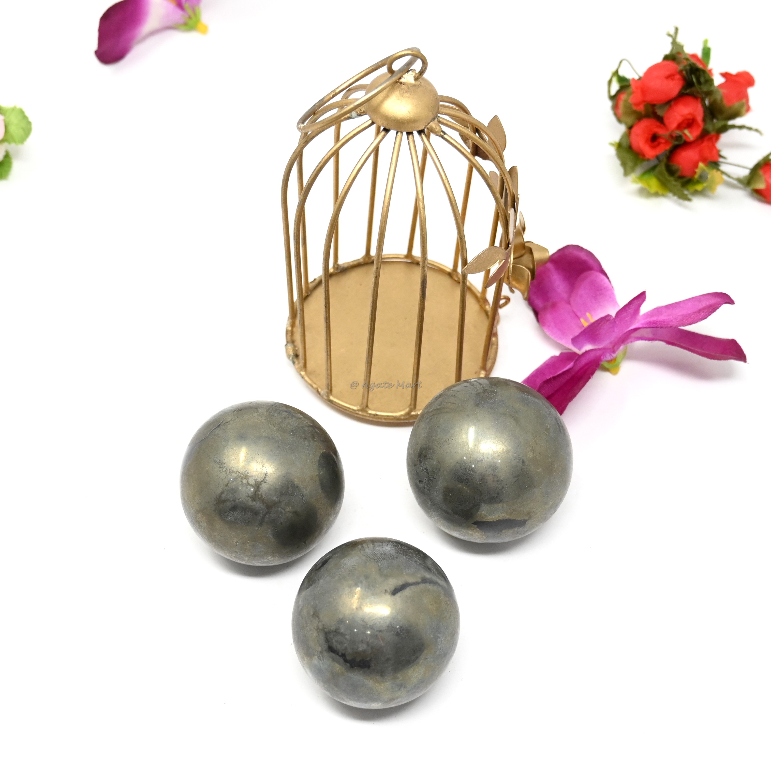 Pyrite Stone Crystals Sphere With Brass Stand