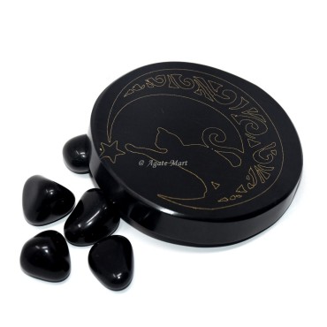 Cat With Star Engraved Coaster On Black Agate
