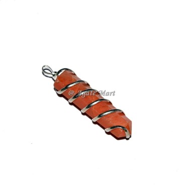 Peach Aventurine Wire Wrap Faceted Pencil Pendant