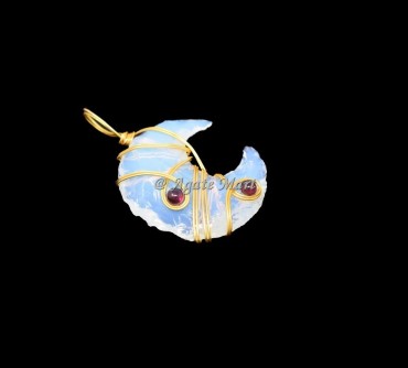 Opalite Moon With Garnet Wire Wraped Healing Pendant