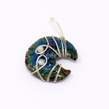 Rainbow Aura Opalite Moon With Rainbow Moonstone Wirewarpped Pendants